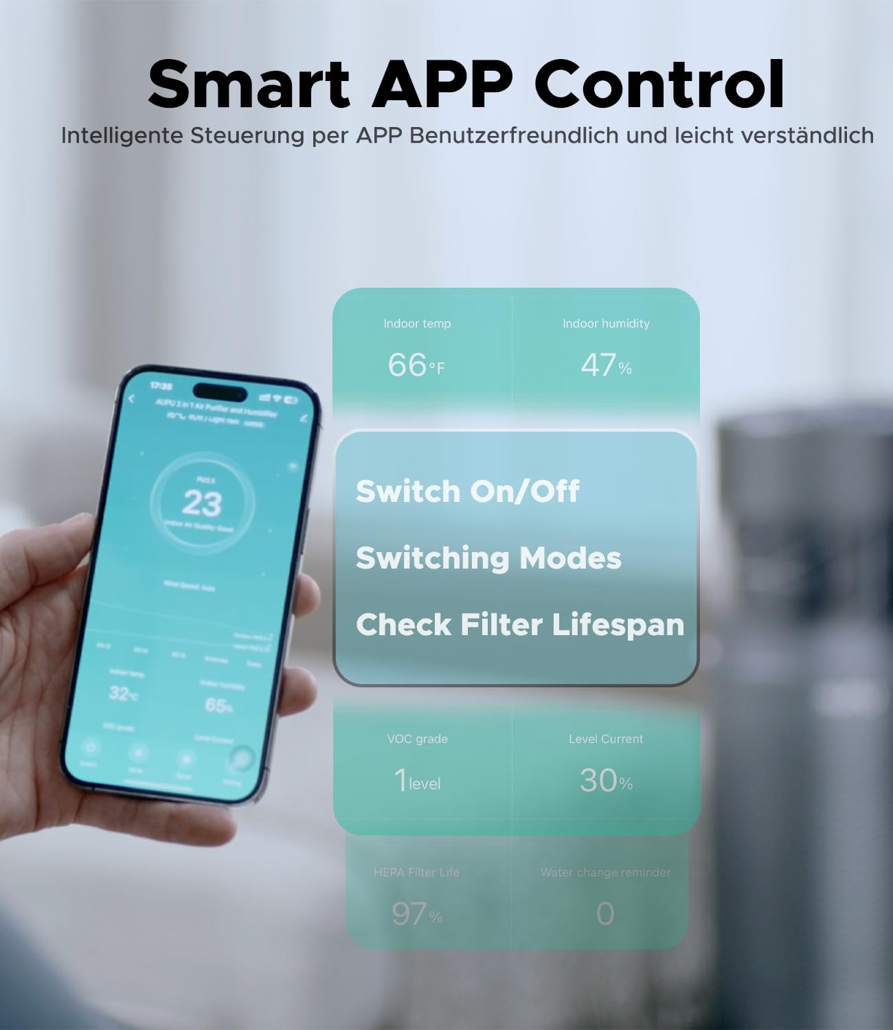 AUPU Purificador de aire 2 en 1 y humidificador evaporativo – Certificado de seguridad, 5 niveles de soplado, recarga superior y gran volumen de depósito de agua, filtro HEPA verdadero para mascotas