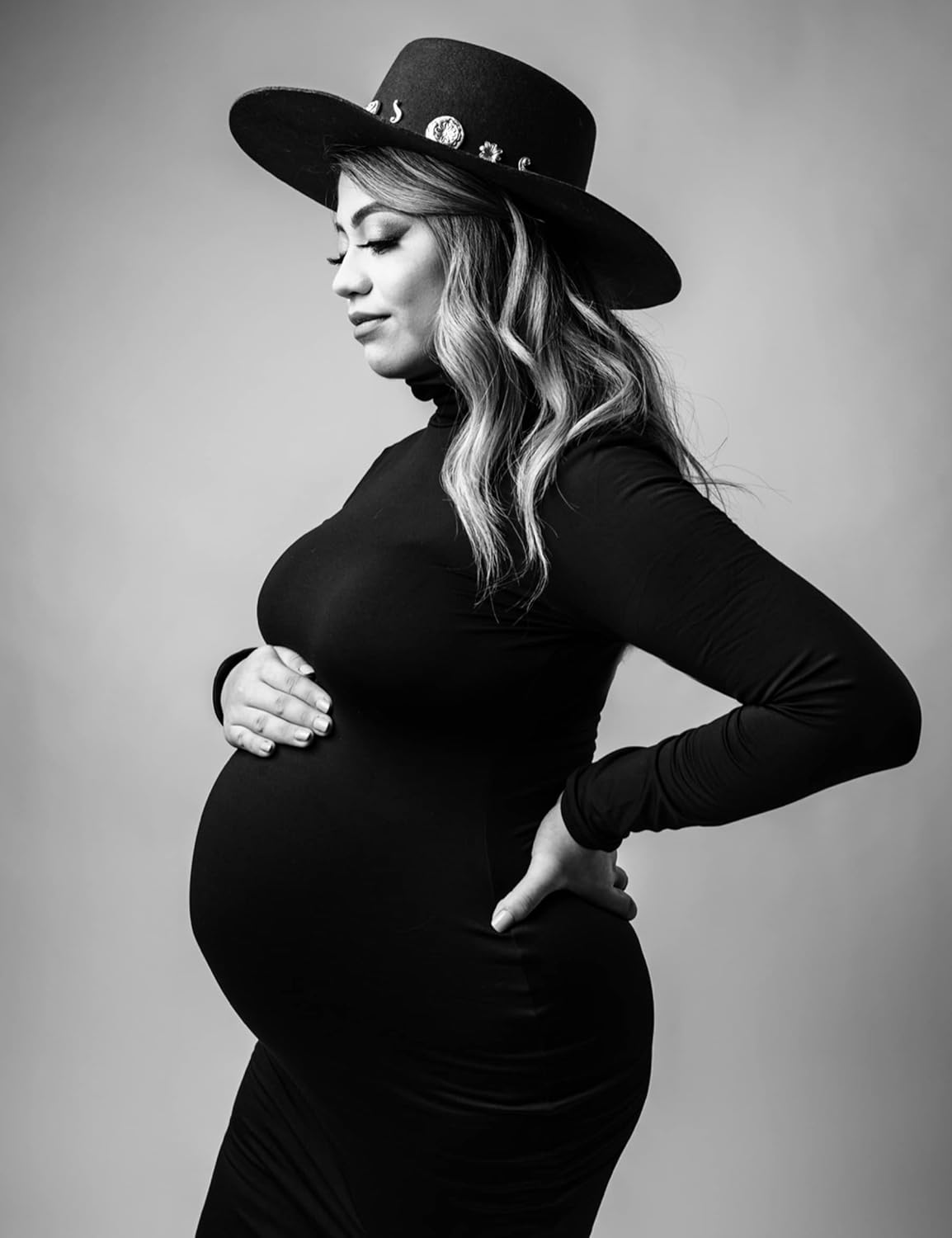 Turtleneck & Long Sleeve Maternity Sweater Dress for Photoshoot Baby Shower, Ribbed Knit Stretchable Midi Bodycon Dress Black - Image 3