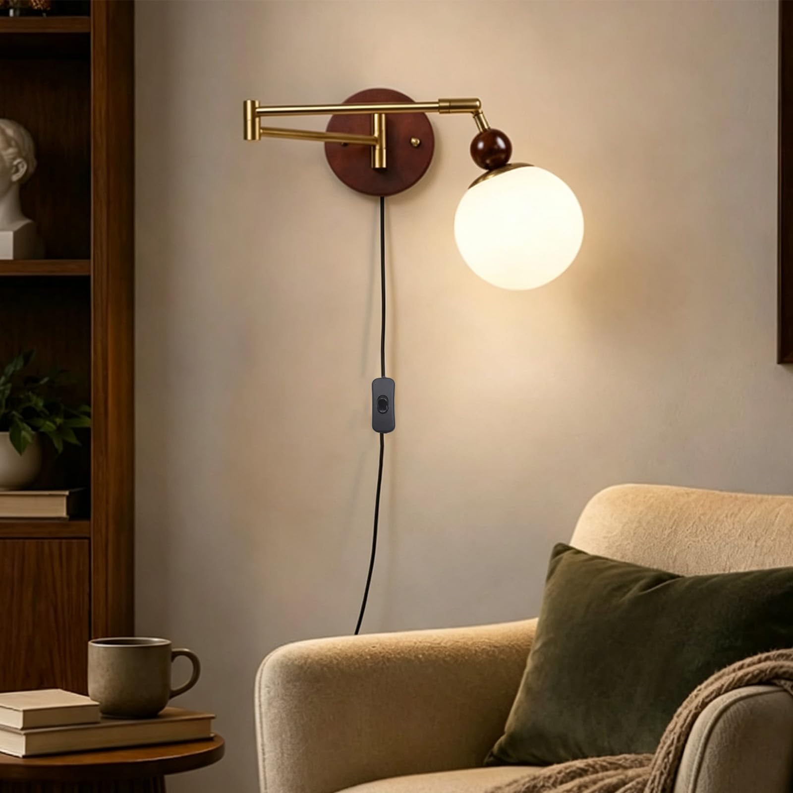 Lampa ścienna z wtyczką i przełącznikiem, styl vintage, E27, oświetlenie ścienne, wychylne ramię wysuwane, składana, lampa ścienna do salonu, sypialni, stolika nocnego korytarza (naturalne