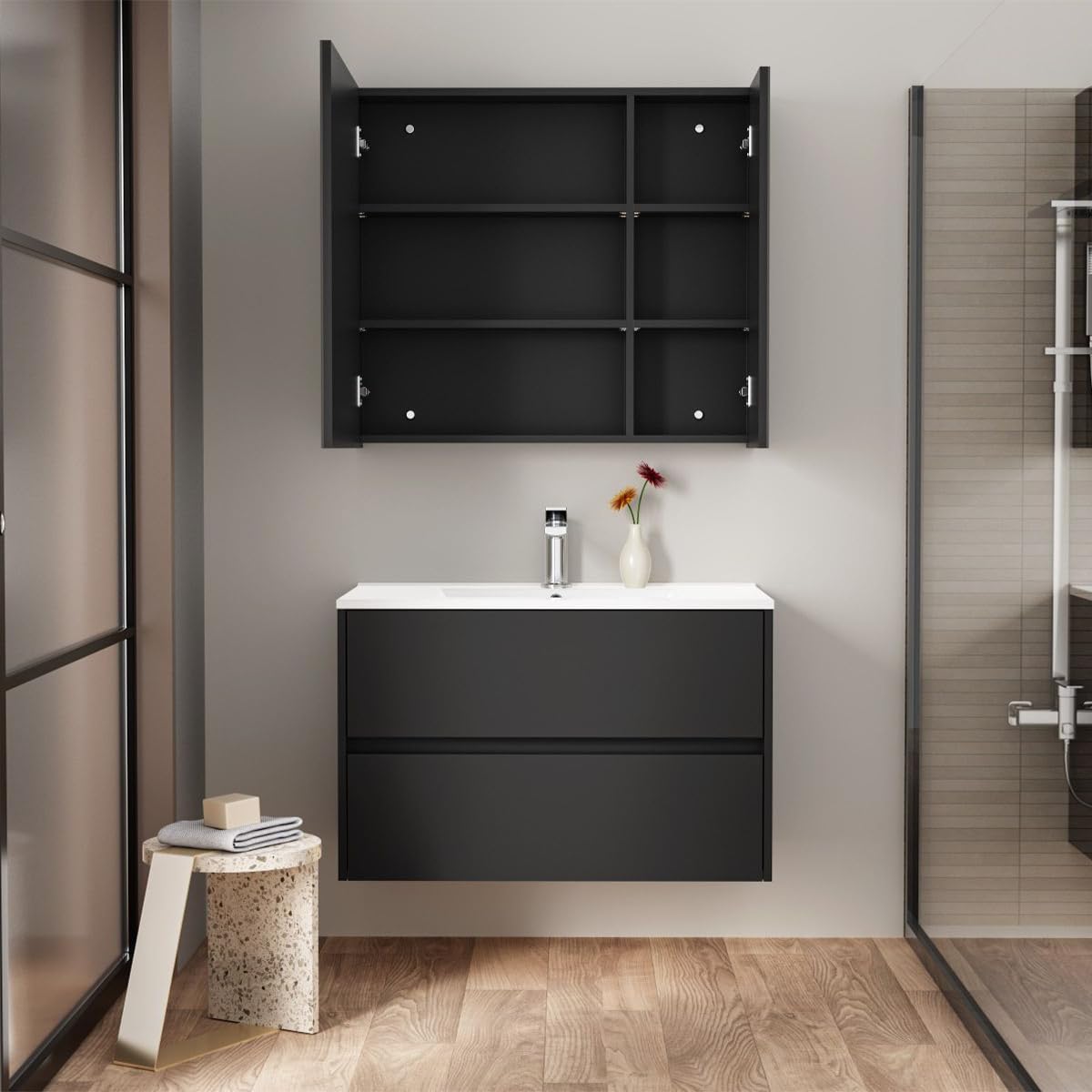 Belvit Drava Waschbeckenunterschrank 80 cm, Waschtischunterschrank hängend, Badmöbel grifflos mit 2 Softclose-Schubladen, Siphonausschnitt, MDF, passend zur Serie, Mattschwarz