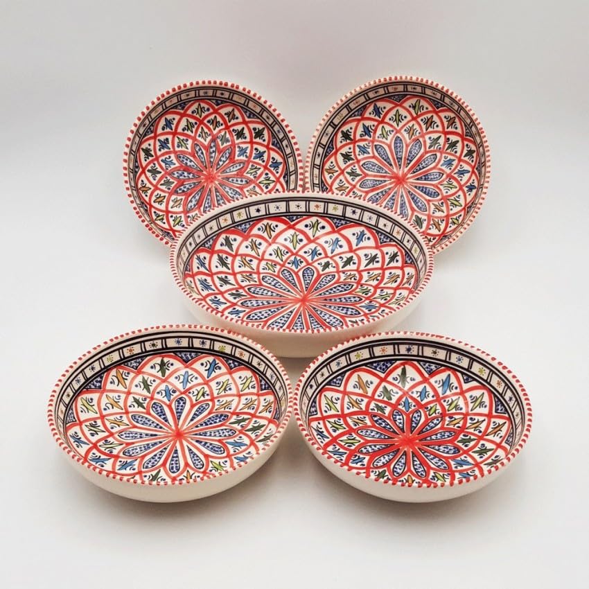 YODECO Couscous Jatte-Set Bakir Rot – 4 Personen, Keramik, Modern, handcrafted, rustic Mediterranean mit rotem Thema, 20 cm, Texturiert, Spülmaschinen- und mikrowellengeeignet