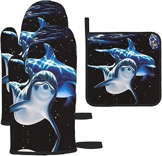 Guantes de horno y soportes para ollas, color negro, guantes de barbacoa duraderos con lazo para colgar, para cocina, hornear, cocinar a la parrilla