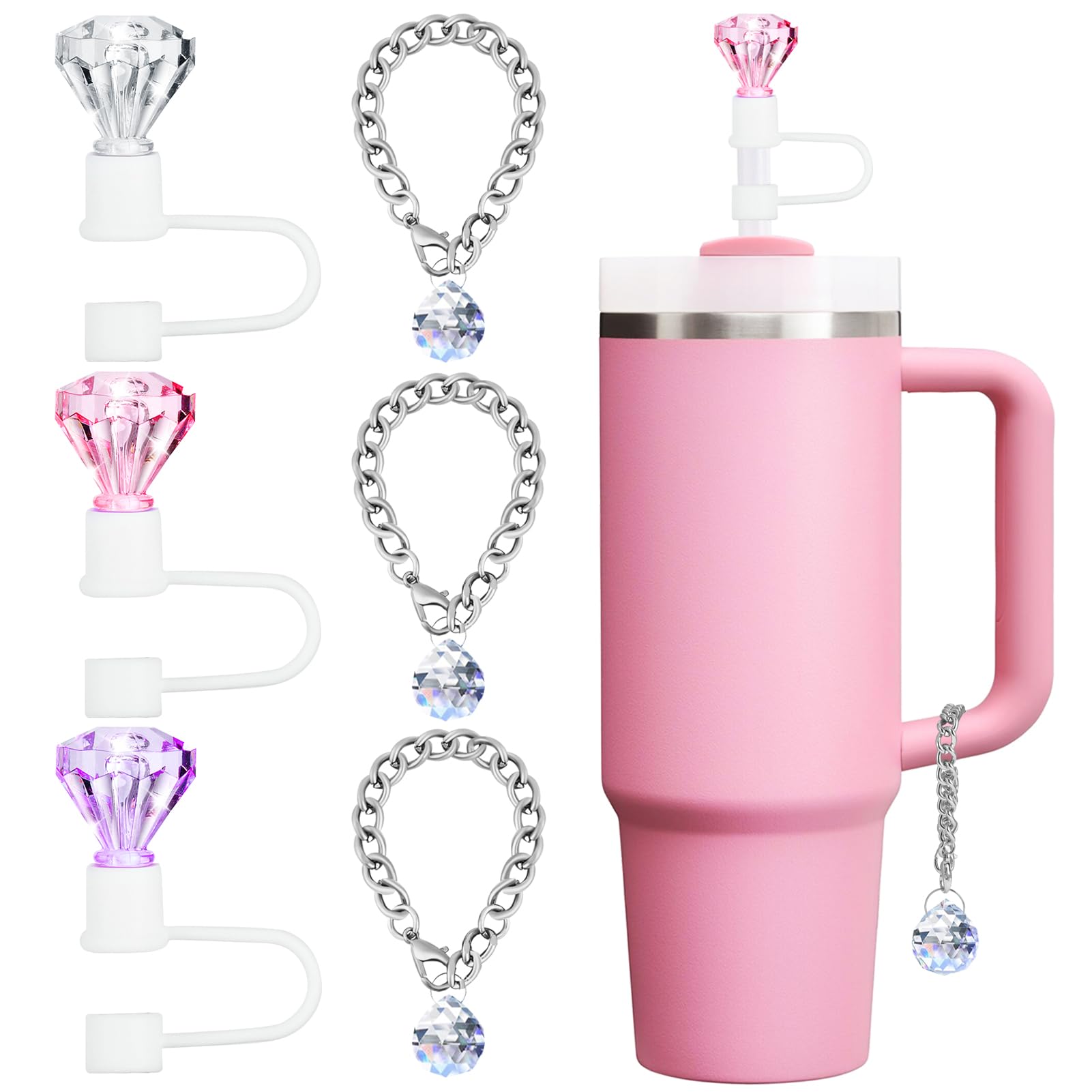 ZLSPTK6pcs Diamond Straw Topper for Stanley Cup Charms for Handle 10mm Straw Cover for Stanley Cup 40 30 Oz Silver Accessories Reusable Straw Cover Cap for Simple Modern Tumblers Silicone Straw Decor