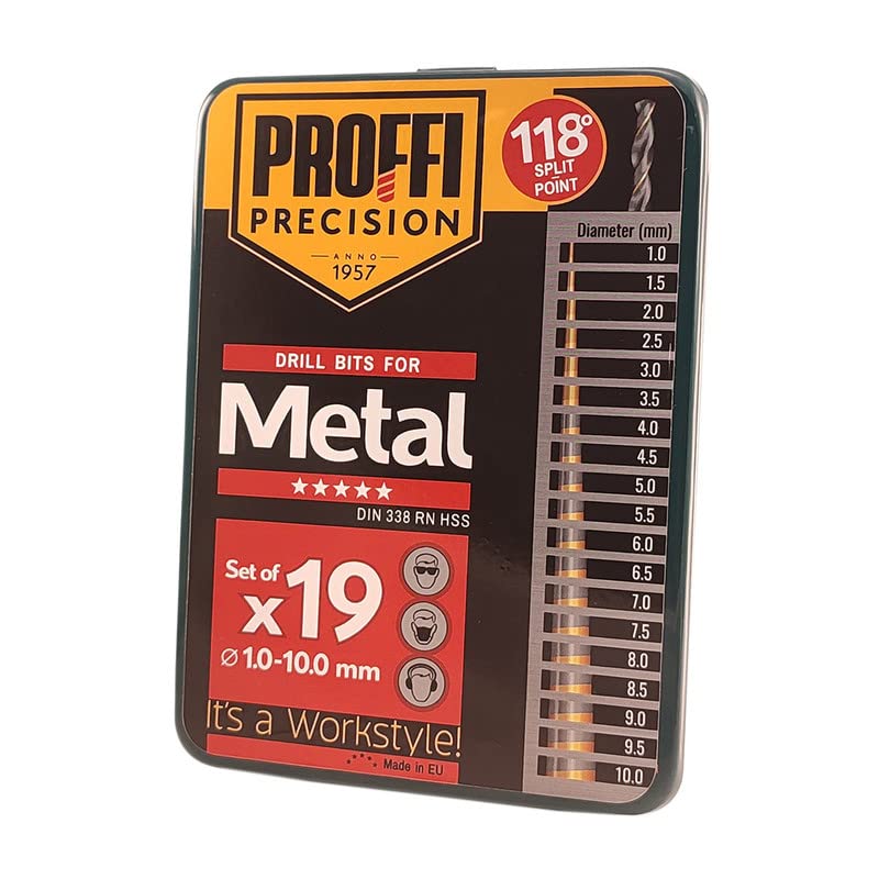 PROFFI Juego de Brocas - 1.0-10.0 mm 19 Unidades Brocas HSS Profesionales para Materiales en general – Juego de Brocas HSS con afilado en cruz – Brocas para Metal