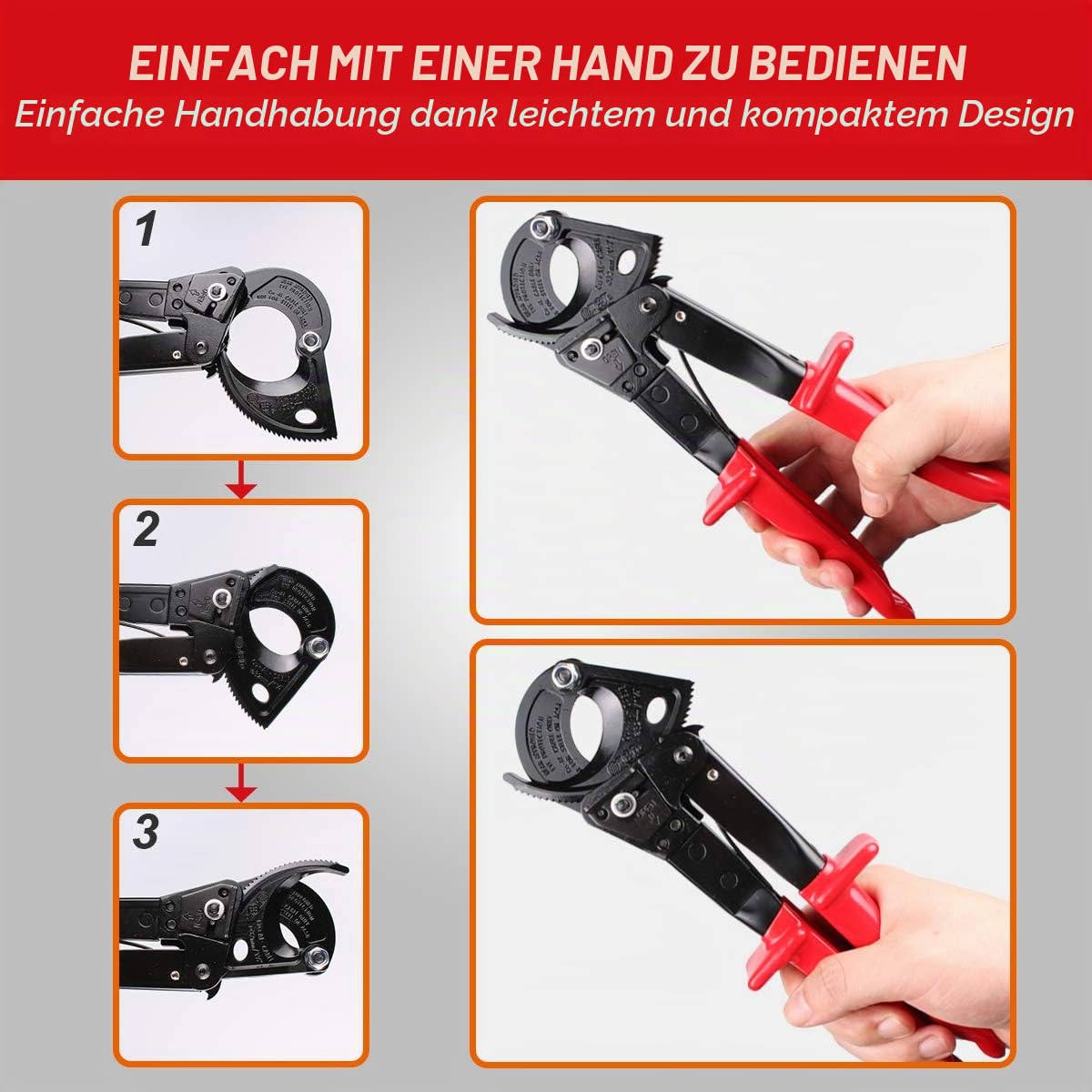 LUBAN Ratschenkabelschneider HS-325A, Kabelschneider zum Schneiden von Kupfer- und Aluminiumkabel bis zu 240 mm², Handwerkzeug mit Ratschenprinzip, Drahtkabelschneider, Ratschenschneider