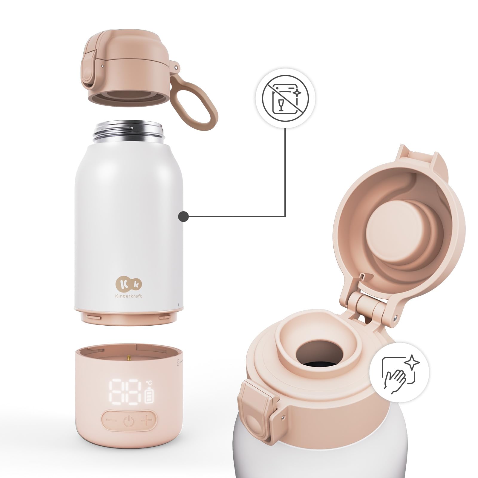 Kinderkraft GAJA Chauffe-Biberon Portable 2 en 1 avec Bouteille Isotherme 500 ml, 5 Températures, Chauffe en 120 sec, Batterie Amovible, USB-C, 10 Cycles, Beige