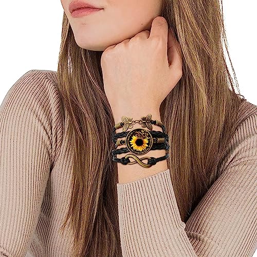 Image of Boho Sunflower Gifts Sunflower Leather Bohemian Bracelet Birthday Gifts for Women Teens Granddaughter Wife Daughter Mom Friendship Bracelets for Her