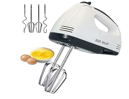 ALWAFLI 7-Speed Shayona 300 Watt Hand Mixer with 4 Pieces Stainless Blender, Ice-Cream Egg Cake/Cream Mix, Egg Bitter, Hand Blender for Kitchen (White)