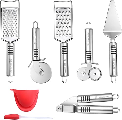 Miniatura 1 de Juego de cortadores de pizza de acero inoxidable (juego de 6 piezas)  Incluye rueda cortadora de pizza, rallador de chocolate y queso, servidor de