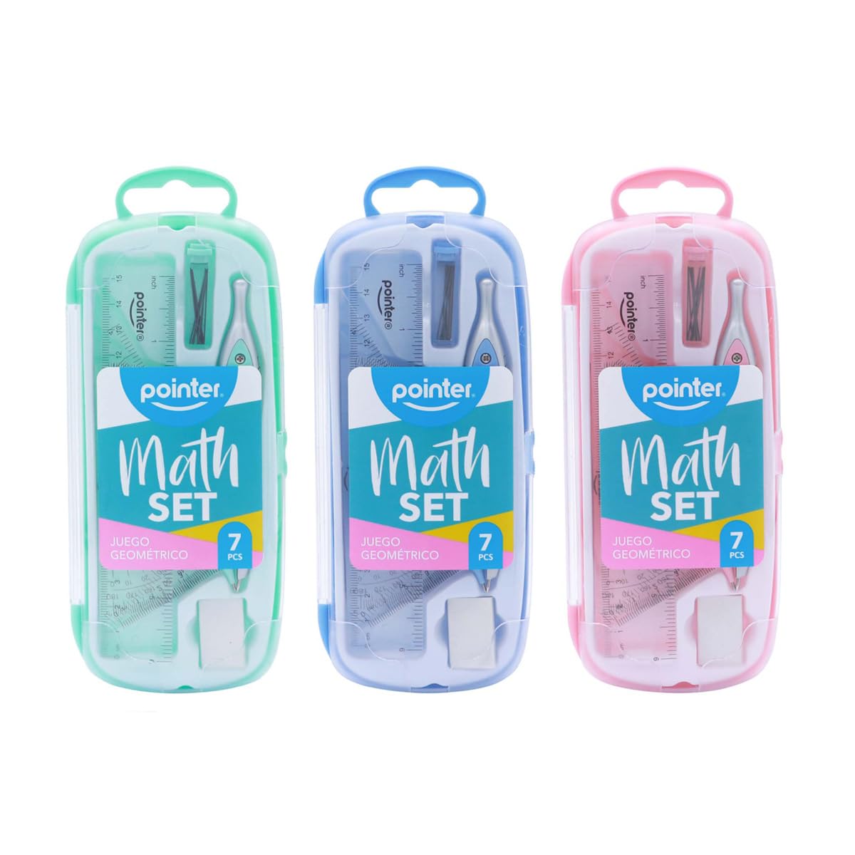 Pointer Mathematik-Set, 7-teilig, Geometrie-Set, inklusive Kompass, Lineal, Winkelmesser und mehr, 1 zufällige Farbe von 3, Schulanfangs-Geometrie-Set für Schüler