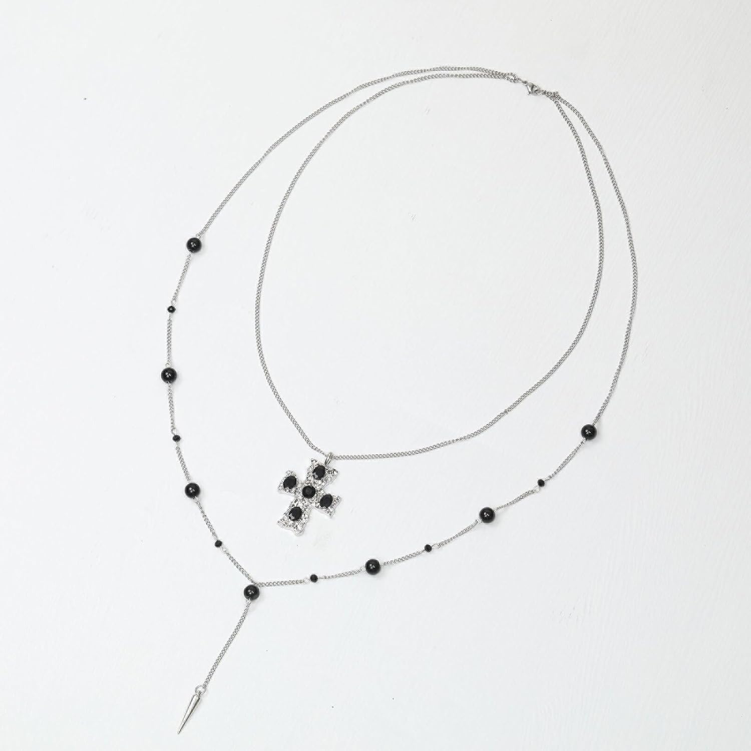 Gothic Cross Necklace for Women Punk Long Silver Stainless Steel Chain Black Beaded Crystal Cross Pendant Goth Layered Necklace Women Costume Jewelry - Image 6