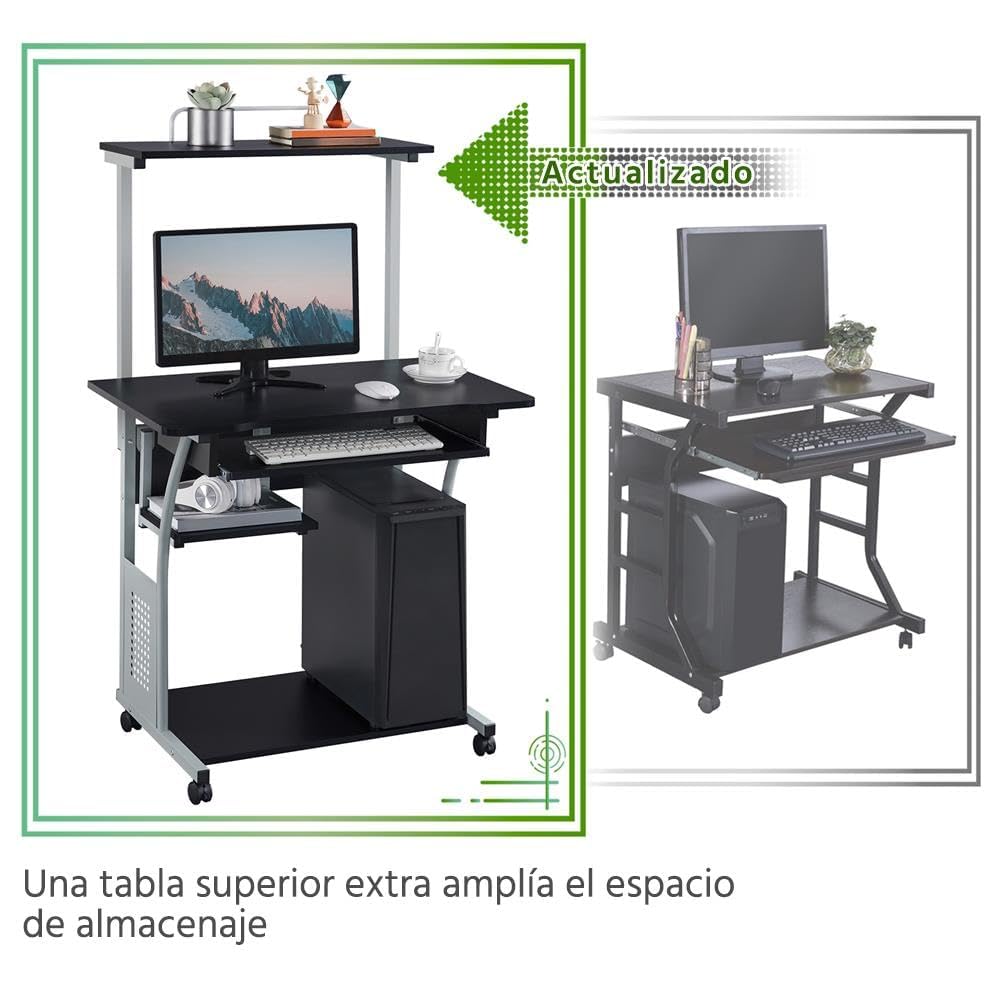 Yaheetech Mesa de Ordenador con Ruedas 80x50x132cm Mesa de Trabajo Móvil Escritorio con Estantería Bandeja para Teclado para Estudio Casa Oficina Negro