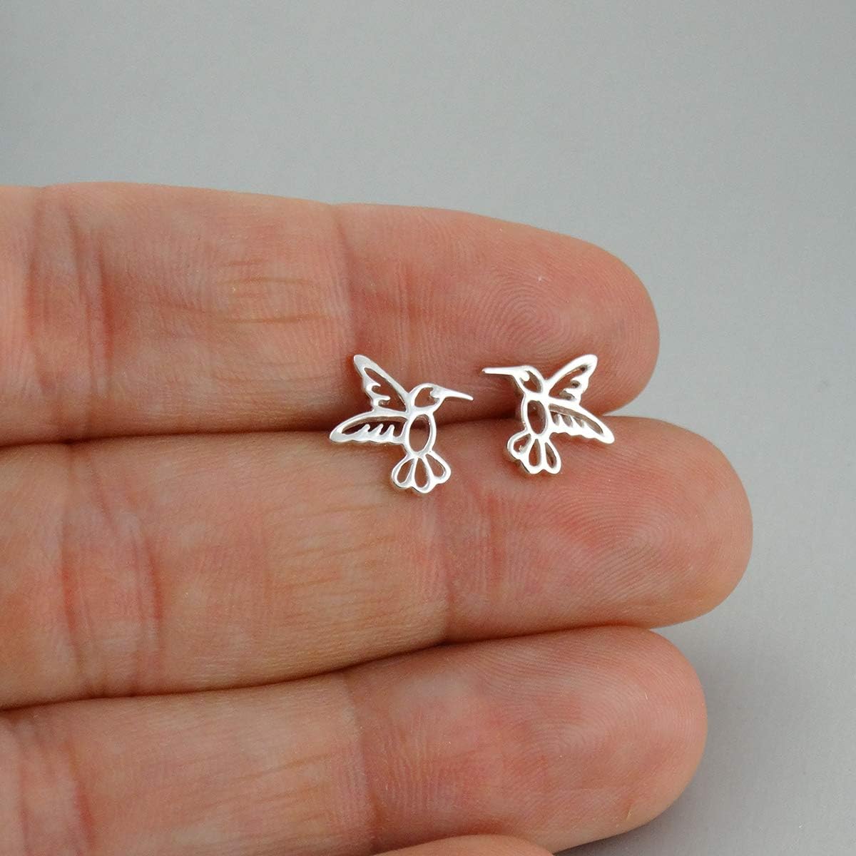 Sterling Silver Polished Tiny Hummingbird Outline Stud Earrings, Posts with Butterfly Backings