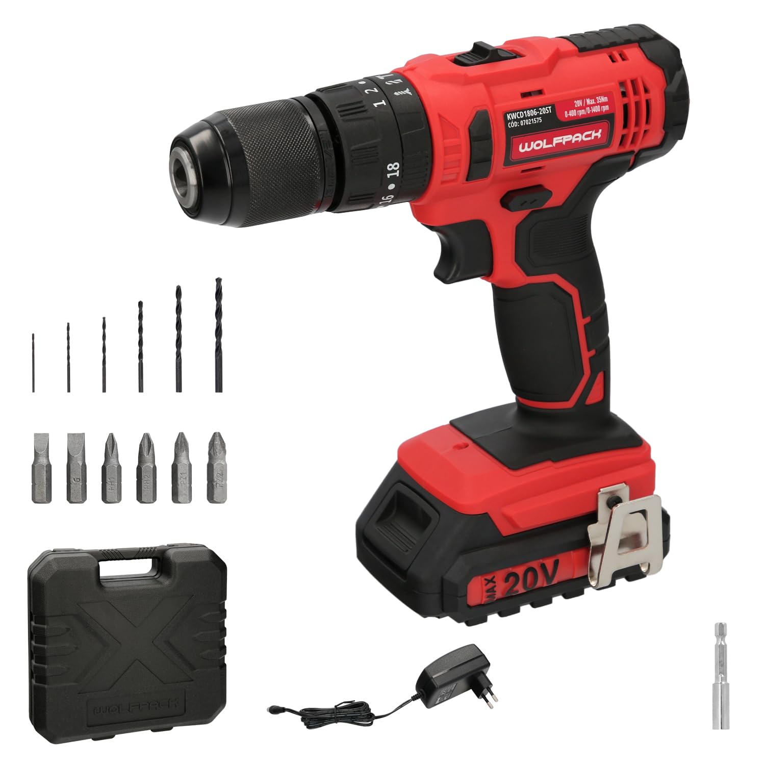 WOLFPACK LINEA PROFESIONAL Taladro Atornillador 20 V. Con 2 Velocidades y Percutor. Bateria 2 Ah. Par Apriete 35 Nm.