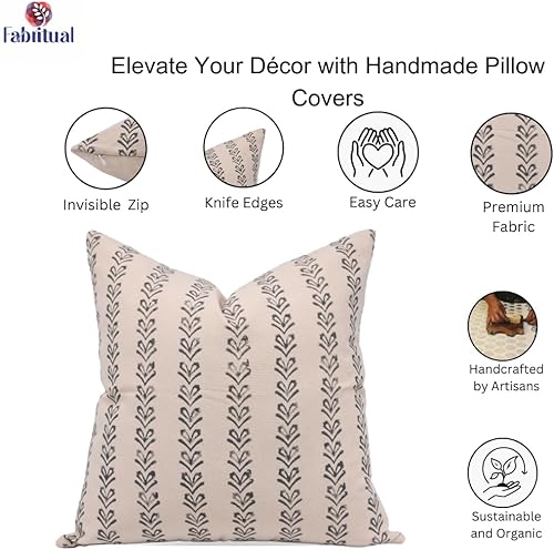 Miniatura 2 de Fabritual Fundas de almohada de algodón con estampado de bloques de 20 x 20 pulgadas, funda de cojín cuadrada para casa de campo al aire libre,