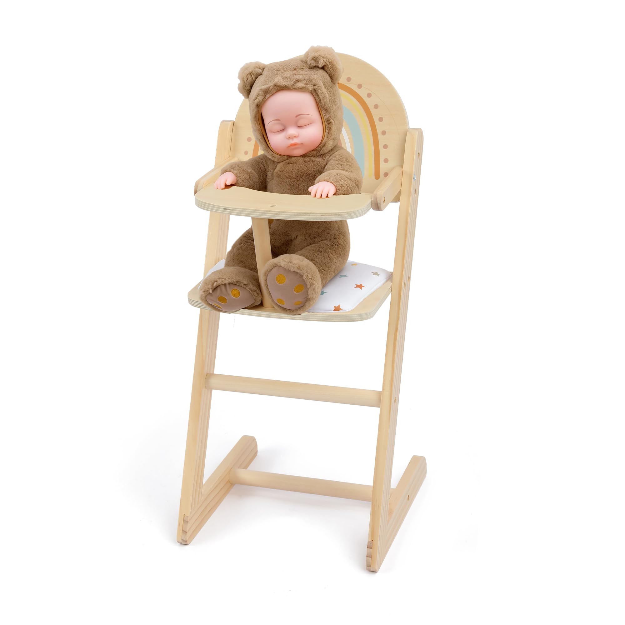 WoddyGo Wooden Doll High Chair with Cushion, Pretend Play Baby Doll Feeding Chair, Fits 18–20 Inch Dolls, Natural Wood Color for Girls Ages 3+