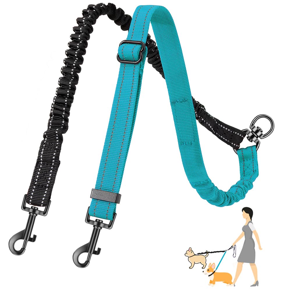 AUTOWT Two Dog Lead, 2 in 1 Upgraded Double Dog Leash Attachment Combine Adjustable Strap and Shock Absorbing Bungee No Tangle Dual Training Splitter