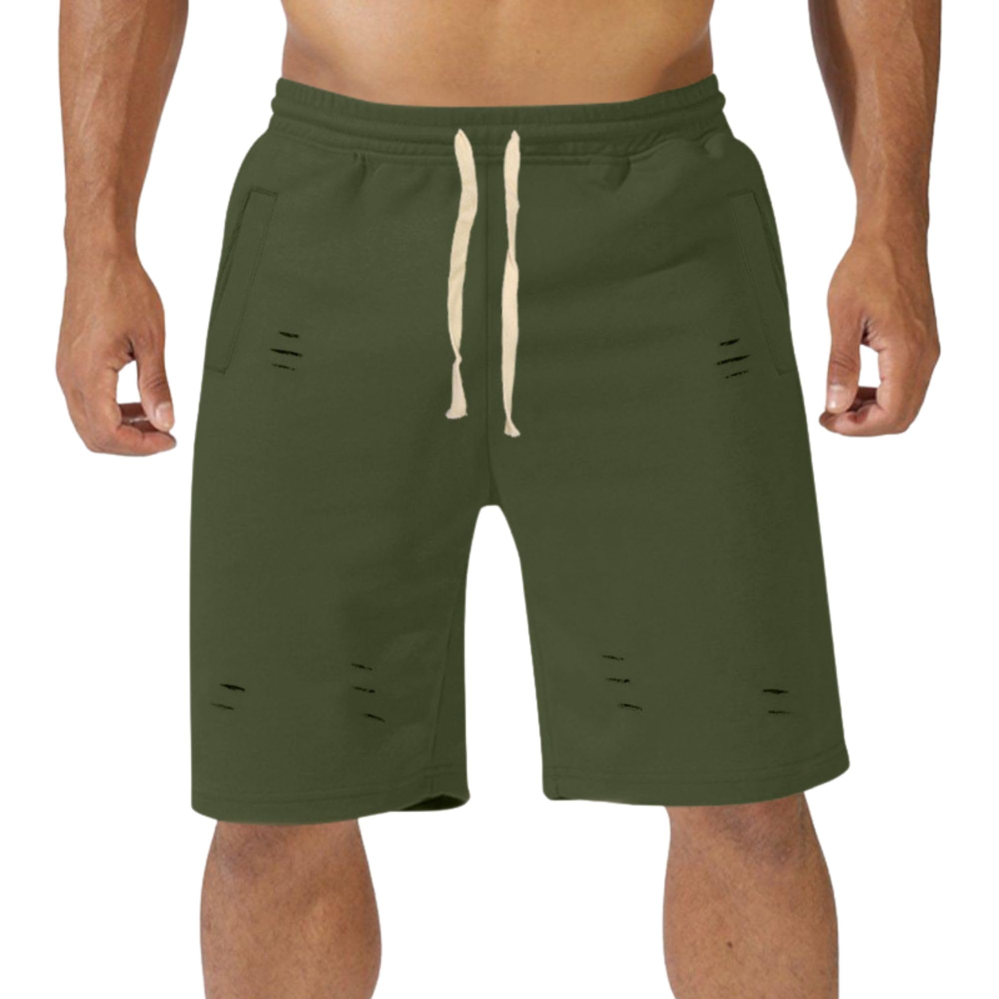 Mens Summer Ripped Shorts Casual Trendy Loose Workout Solid Color Drawstring Waisted Beach Shorts Gym Wear