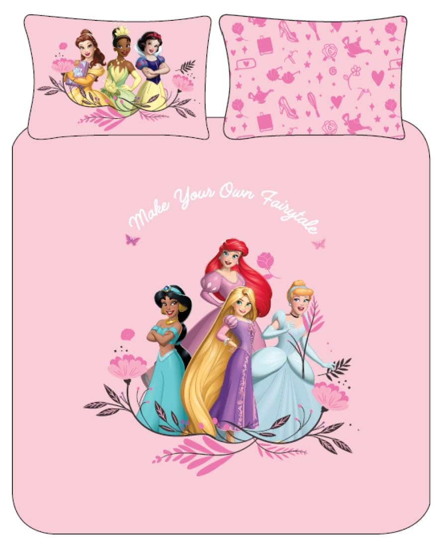 Disney Princess Double Duvet Cover Set – Pink Reversible Girls Bedding | Soft Cotton Blend Quilt Cover with Pillowcases | Official Kids Bed Set UK