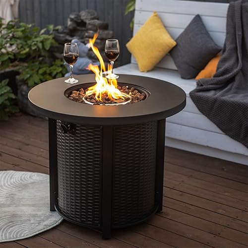 Miniatura 48 de Mesa para fogata de propano de 28 pulgadas, mesa de fuego de 50,000 BTU con tapa de acero, patas grandes, rocas de laval, pozo de fuego seguro