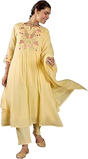 INDO ERA Women's Pure Cotton Embroidered A-Line Kurta & Pant With Dupatta Set (IESTR9872) Price In India