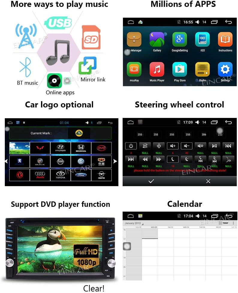 EinCar Android Car Stereo radio interface and camera input