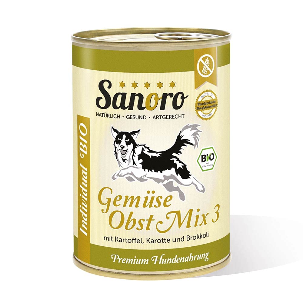 Sanoro Bio-Hundefutter Gemüse/Obst Mix 3 - Premium-Qualität - Kartoffel, Karotte, Brokkoli, Apfel - vegetarischer Barf-Zusatz (12 x 400 g)