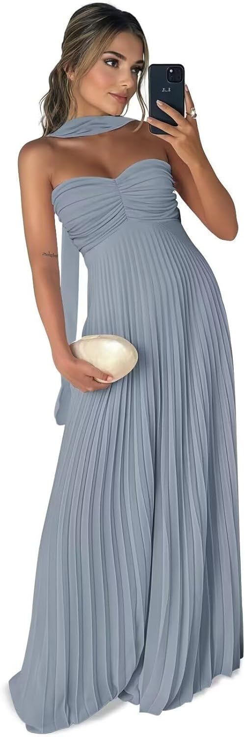 Long Chiffon Bridesmaid Dresses for Women Pleated Strapless Maxi Formal Evening Gown with Long Scarf
