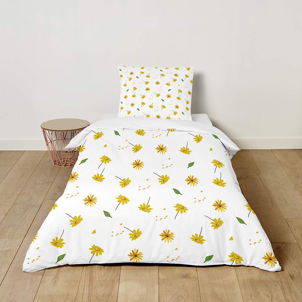 FANSU Kids Girls Boys Duvet Cover 2 Piece Bedding Set, 3D Sunflower Print Children Quilt Cover & Pillow Set for Nursery Toddler Cot Single Size Bed (Daisy,100x135cm+40x60cm)