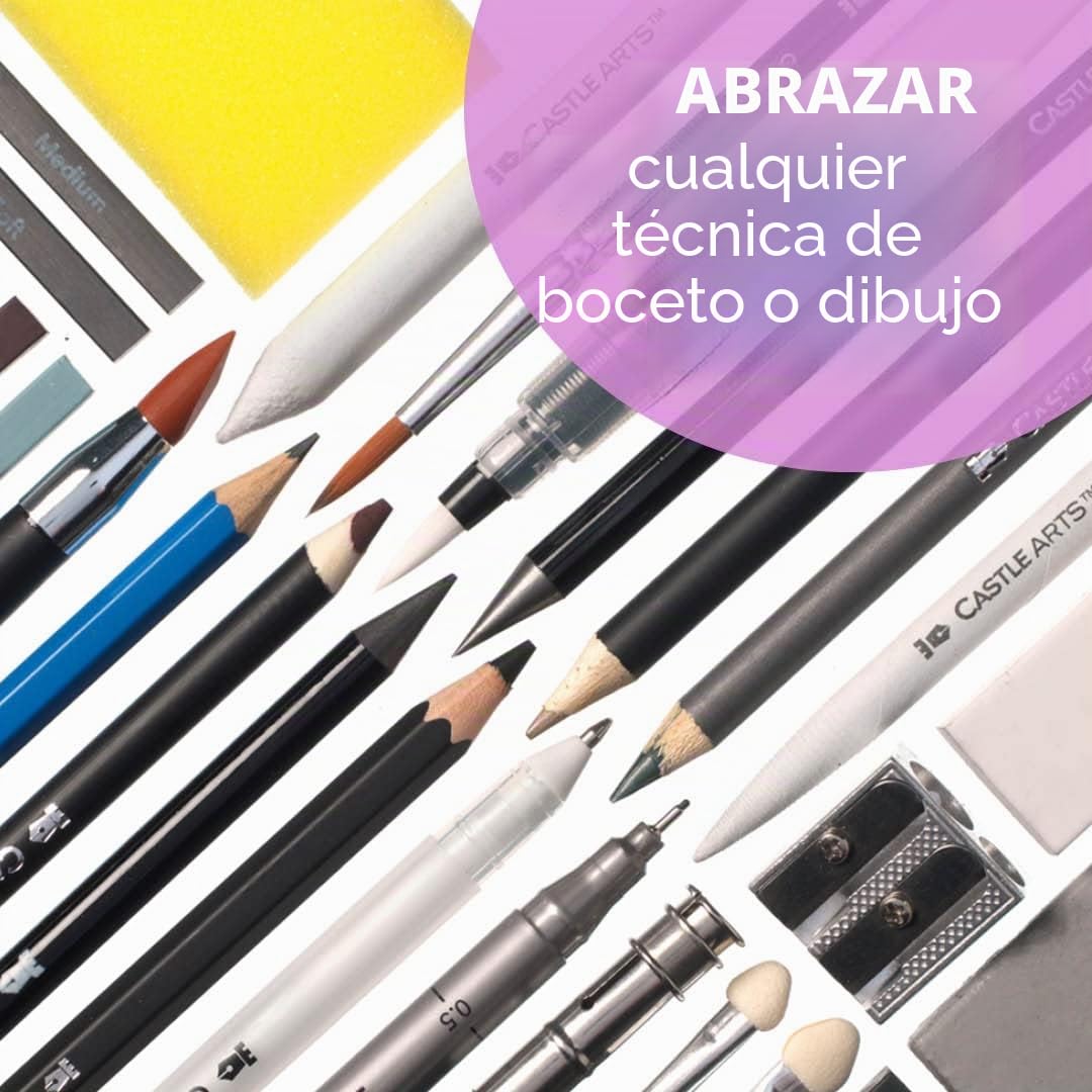Castle Art Supplies Estuche 100 Uds Dibujo y Esbozo | Lápices+Barras de Grafito, Carboncillo, Pastel, Metálicos, Solubles, Rotuladores Punta Fibra | Artistas y Profesionales | Resistente Estuche Viaje
