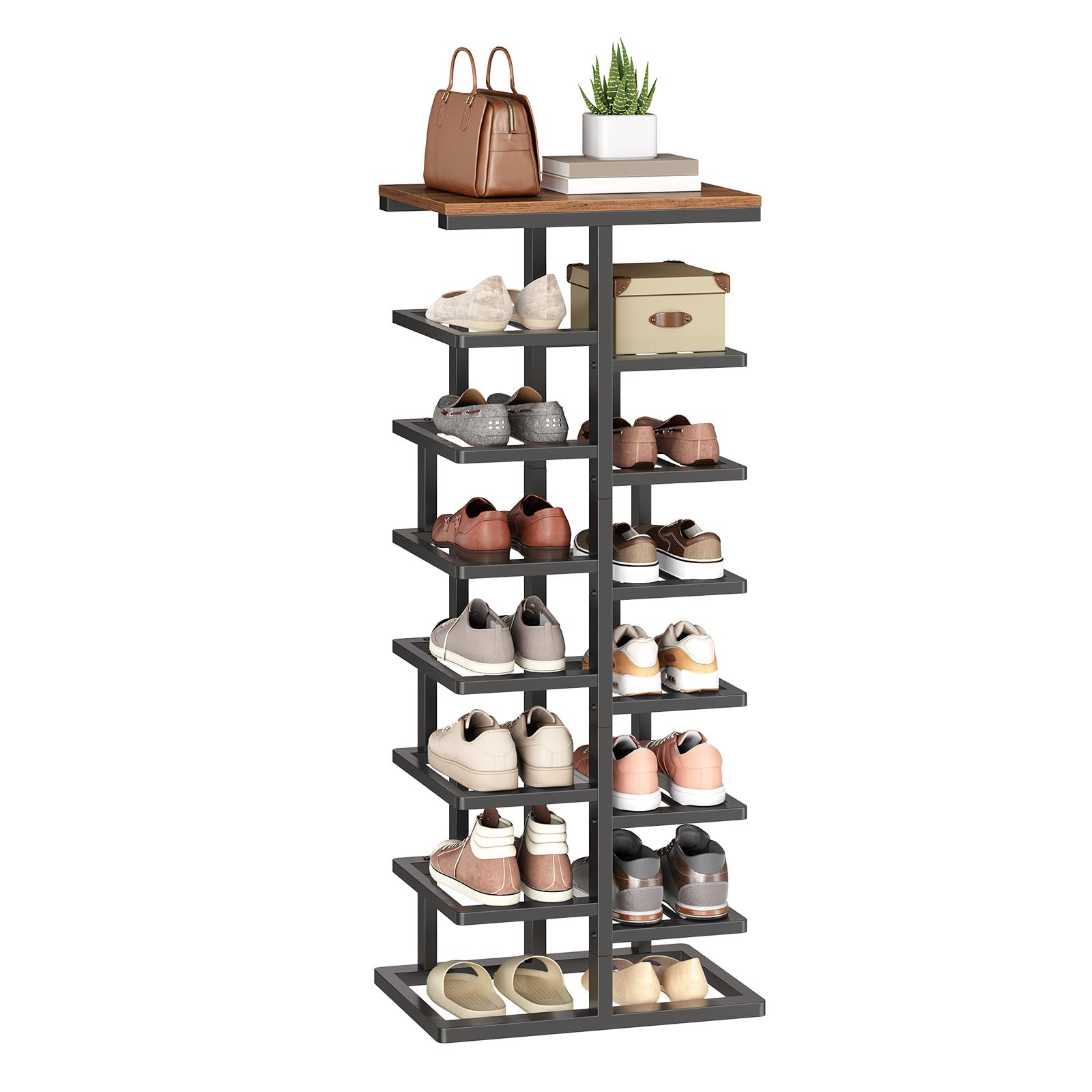 HOOBRO 8-stöckiges Schuhregal, hohe Schuhablage mit Metallrahmen, Schuhorganizer, platzsparend, für Eingangsbereiche, Schlafzimmer und Wohnzimmer, Vintagebraun und Schwarz EBF19XJ01