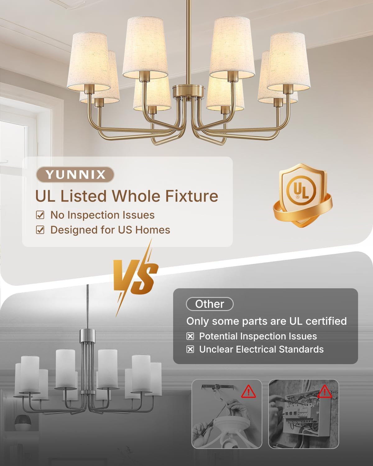 yunnix 8-light champagne bronze chandelier, 30" champagne chandelier with linen shades, no assembly required modern chandeliers dining room light fixture for kitchen bedroom foyer ul listed champagne bronze 8-light(2026 upgraded version)