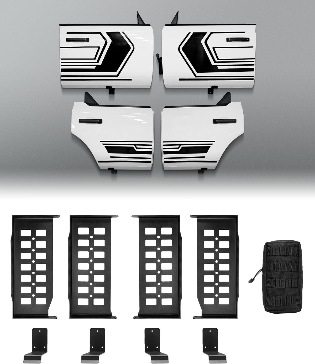 ROADER Front & Rear Wall Mount Bronco Door Storage Rack Fit for Ford Bronco 2021 2022 2023 2024 4-Door, Heavy Duty Steel Door Hanger Bracket MOLLE Panel Holder with Storage Bag,4 pcs