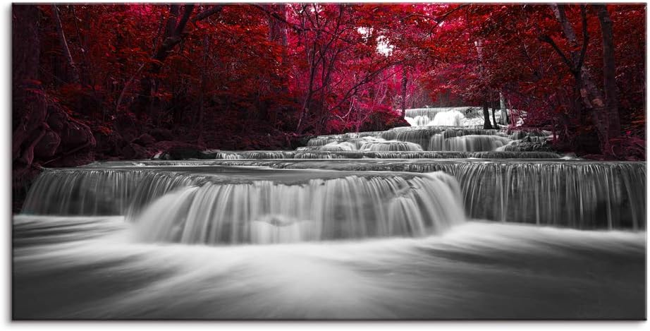 LeeWallArt Waterfall Living Room, Lee Red Wood on Black and White Water, Waterfall & Leaf Nature Landscape Outdoor Canvas Prints Picture, Forest Paintings Decor (Waterproof Artwork, 30x60)