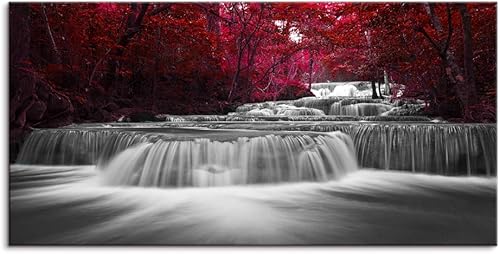 LeeWallArt Sala de estar en cascada, madera roja de Lee sobre agua blanca y negra, cascada y hojas de paisaje natural, cuadro de lienzo para