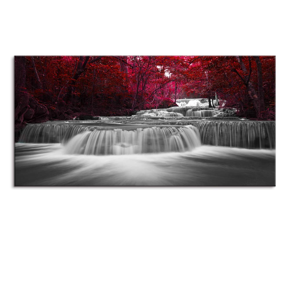 LeeWallArt Waterfall Living Room, Lee Red Wood on Black and White Water, Waterfall & Leaf Nature Landscape Outdoor Canvas Prints Picture, Forest Paintings Decor (Waterproof Artwork, 30x60)