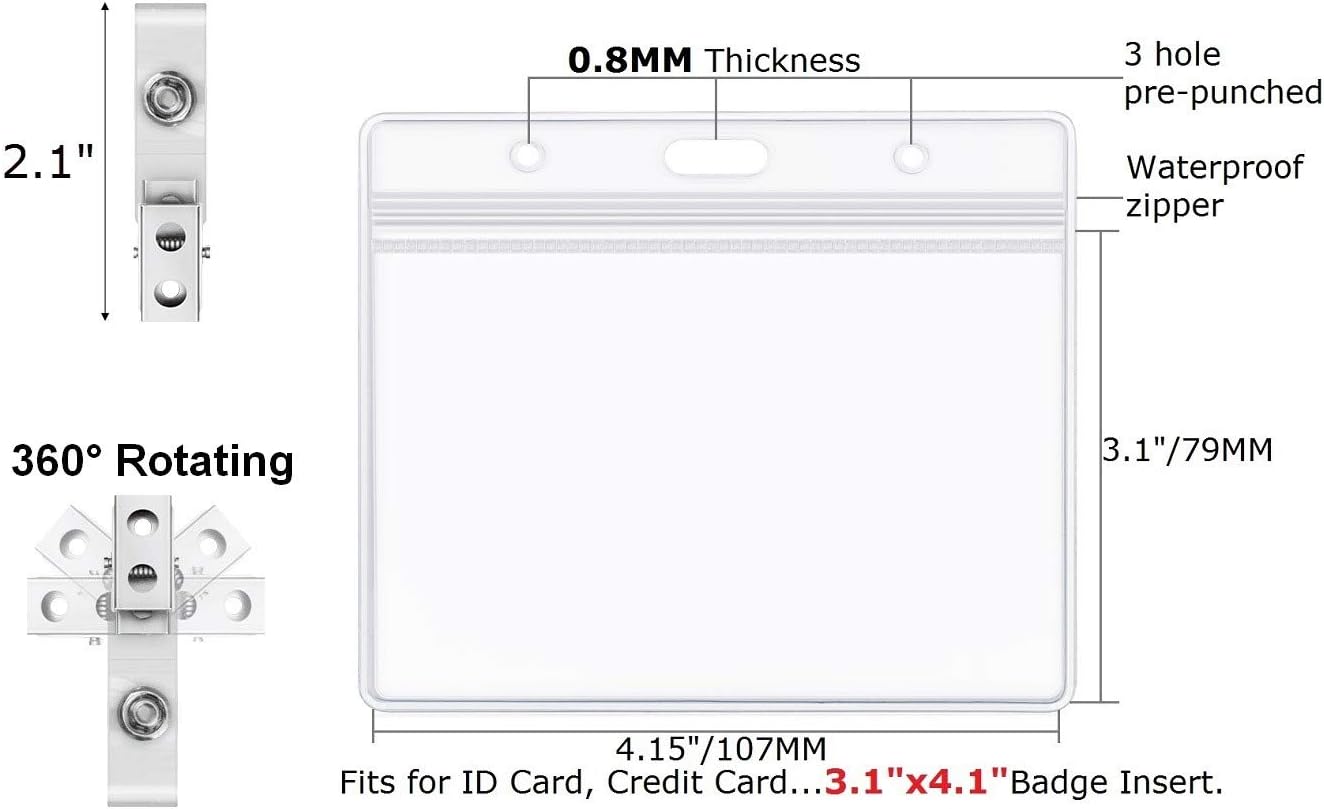 Clear Plastic Horizontal Name Tag Holders and Metal Badge Clips with Vinyl Straps Waterproof PVC
