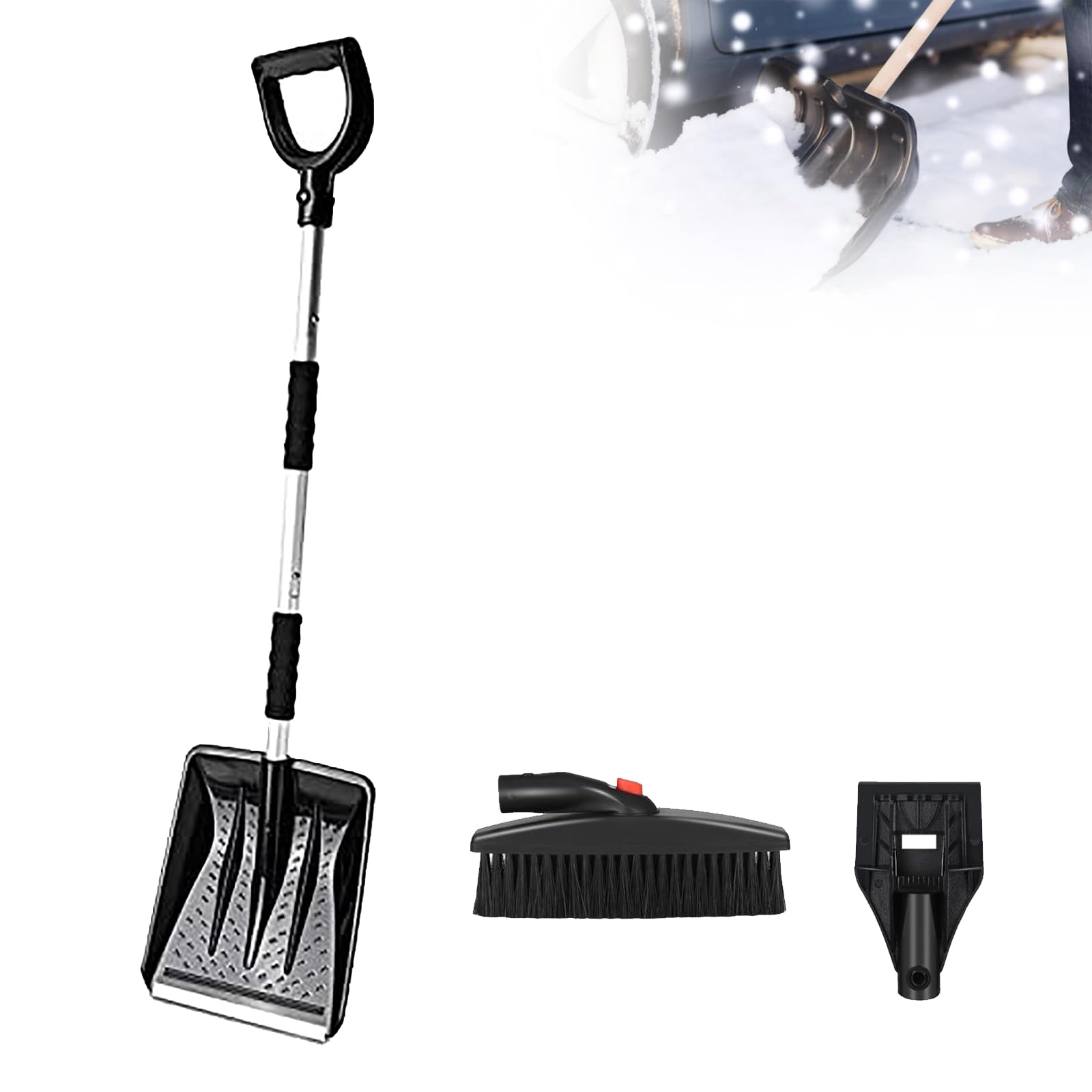 BigKing Snow Shovel for Car, 3-in-1 Snow Shovel with D-Grip Handle, Black Detachable Stainless Steel+Plastic Snow Shovel, Snow Remover Tool for Car Camping Garden