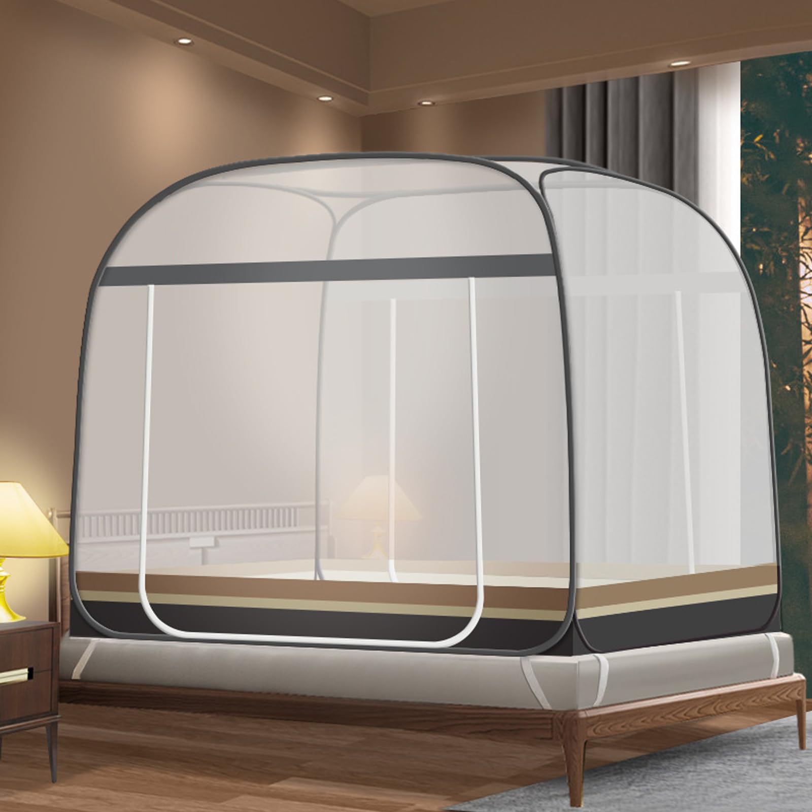 CMINGJ Mosquito Net for Bed, Portable pop up Mosquito Netting with Bottom, Free Installation-Suitable for Bedroom, Camping, Folding Portable Design for Baby Adults (Gray &amp; Gray Bottom Edge)