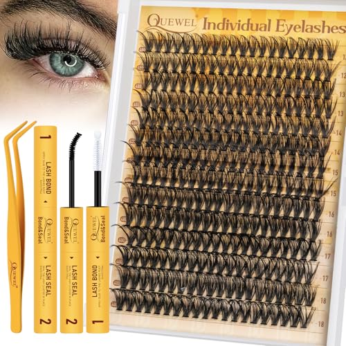 QUEWEL Lash Clusters, 280PCS 40D Lash Clusters Kit Mixed Length 10-16mm, Thick Eyelash Clusters with Bond And Seal Lashes Clusters Glue and Lashes Tweezers Easy DIY at Home(D-40D)