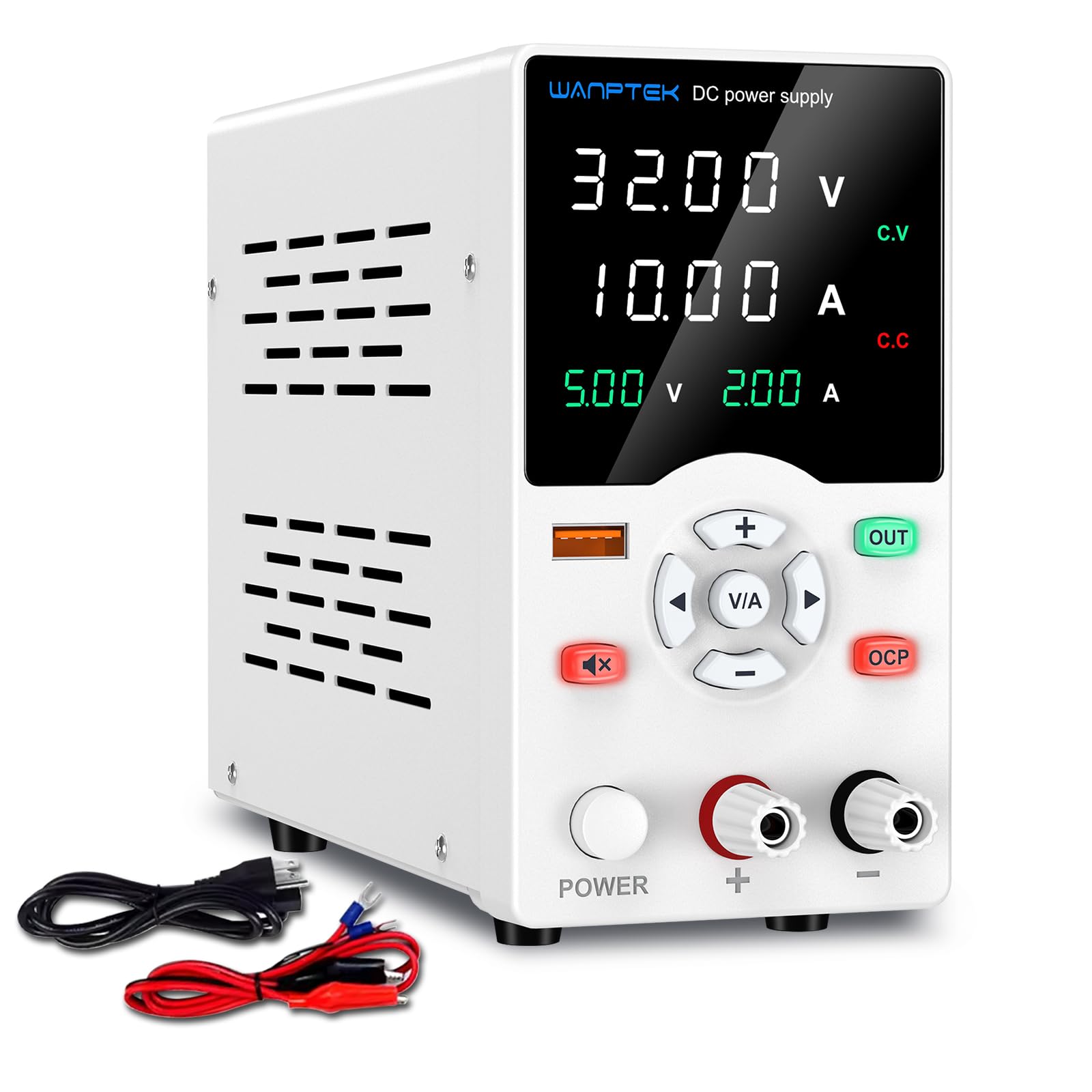 Alimentation Laboratoire 30V 10A, Variable avec Bouton Ajustable, Stabilisée OCP/Bouton de Sortie/Charge Rapide USB 18W / Mode Silencieux