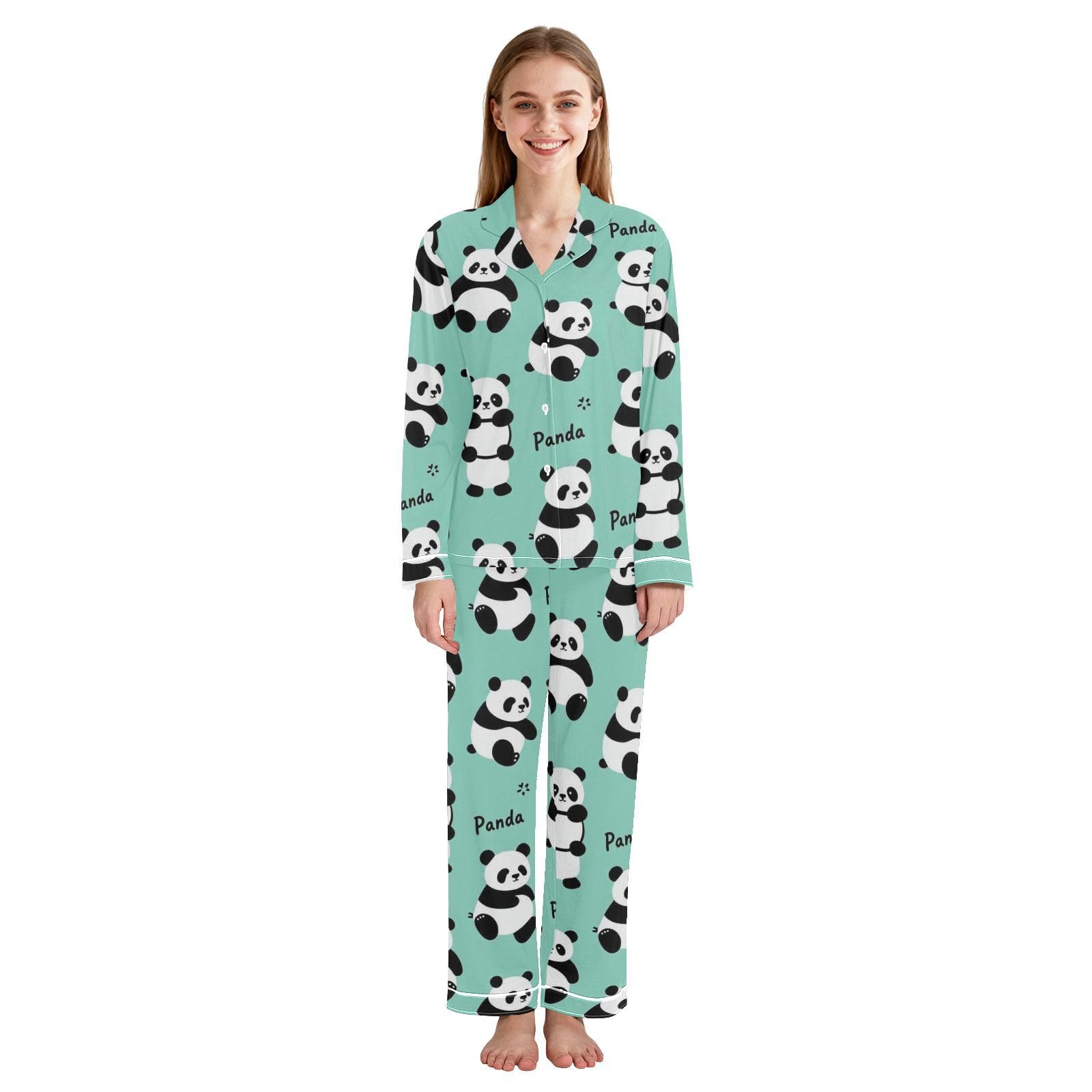 Wudan Zielona Panda Bear Pocket Sleep Pants Mid Waist Zestawy piżam Codzienny relaks dla kobiet