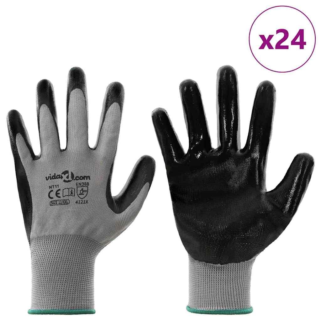 Lot de 24 gants de travail en polyester gris et noir 11/XXL pour l'intérieur et l'extérieur