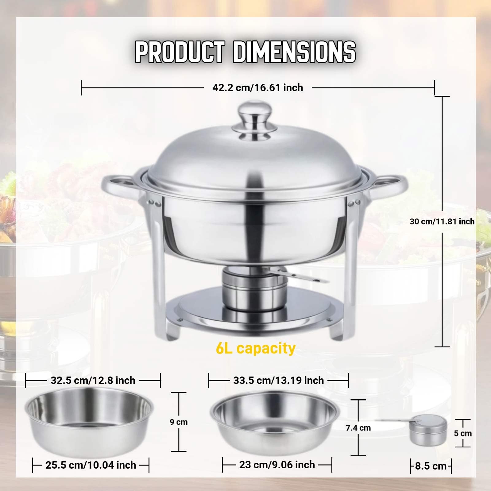 Set Chafing Dish Rotondi 4,5L, Scaldavivande Bagnomaria Acciaio Inox, Contenitore Scaldavivande per Buffet, Chafing Dish per Zuppe, per Ristoranti Catering Feste Matrimoni