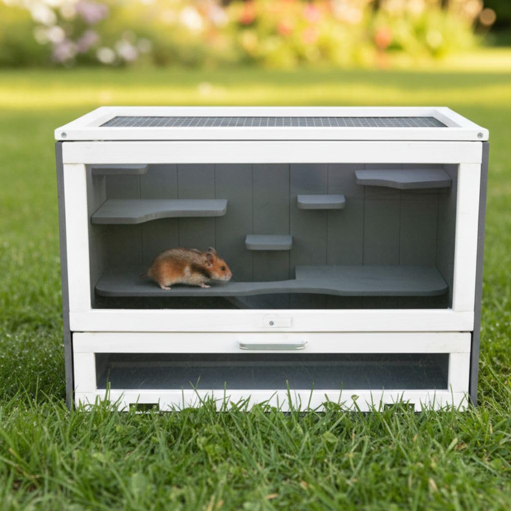 Mucola Hamsterkäfig aus Holz Grau/Weiß – Nagerkäfig mit 5 Etagen, Plexiglasfront & Gitterdeckel, Kleintierheim für Hamster, Mäuse & Rennmäuse, 60x35x42 cm