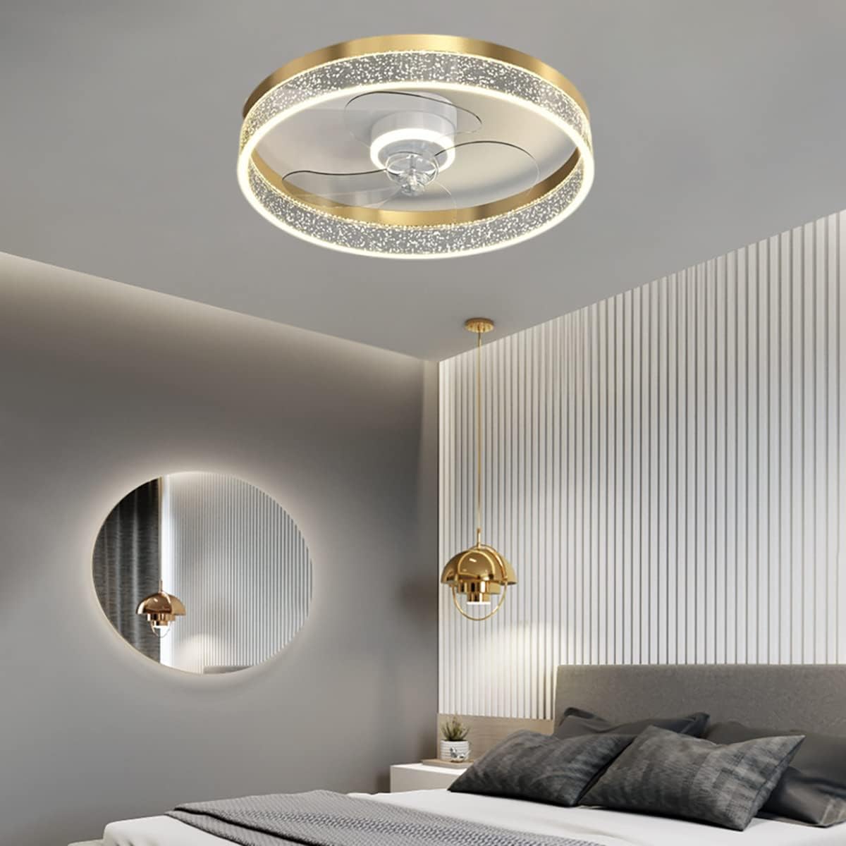 YUEGOO Led Reversible Fan Ceiling Light Living Room Mute 6 Speeds 40W Fan Light Ceiling Bedroom Dimmable Modern Invisible Ceiling Fans with Lights and Remote Control/D