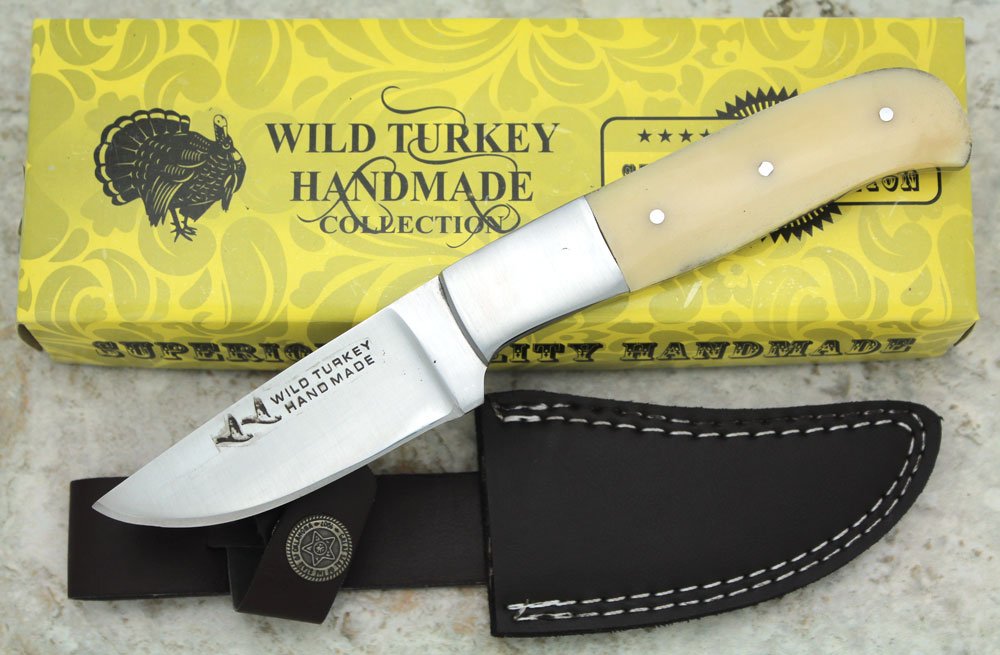 Wild Turkey Handmade Collection Full Tang Natural Camel Bone Fixed Blade Hunting Knife w/Leather Sheath Outdoors Fishing Camping (2)