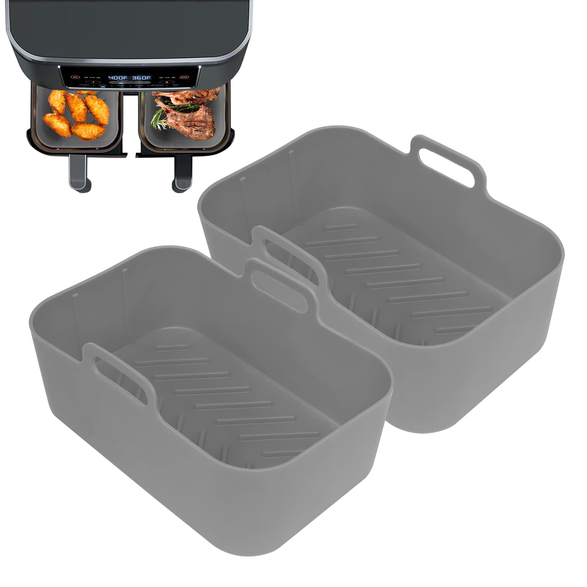GOVD 2PCS Silicone Pot for Ninjas Dual Air Fryer, Silicone Air Fryer Liners Double Air Fryer Silicone Air Fryer Basket, Air Fryer Rack Accessories for Air Fryer, Oven, and Microwave (Grey)