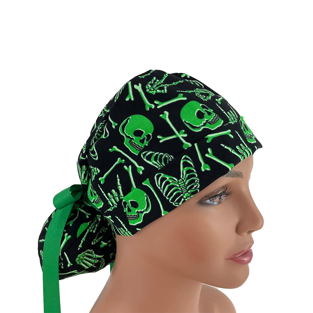 Turn Up Ponytail Medical Scrub Cap – Skulls/Glow in The Dark - Dr. Hats, Nurses Hats