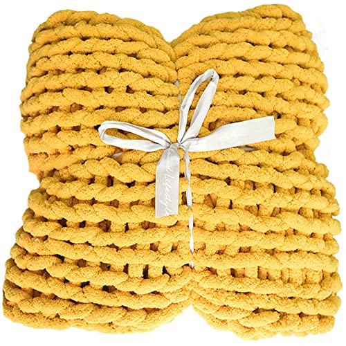Abound Chunky Knit Blanket Throw - 50"x60" - Soft Chenille Yarn Knitted Blanket - Crochet Blanket - Cable Knit Throw Blanket - Couch, Bed, Weighted Chunky Blanket, Gift - Machine Washable (Yellow)